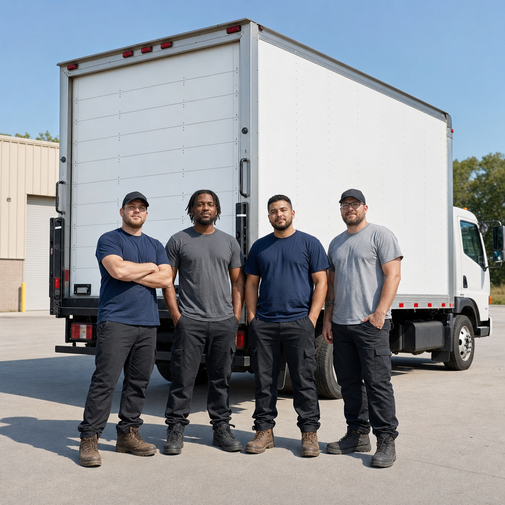 Four uniformed Fairfield movers standing relaxed in front of a clean white commercial box truck at the depot