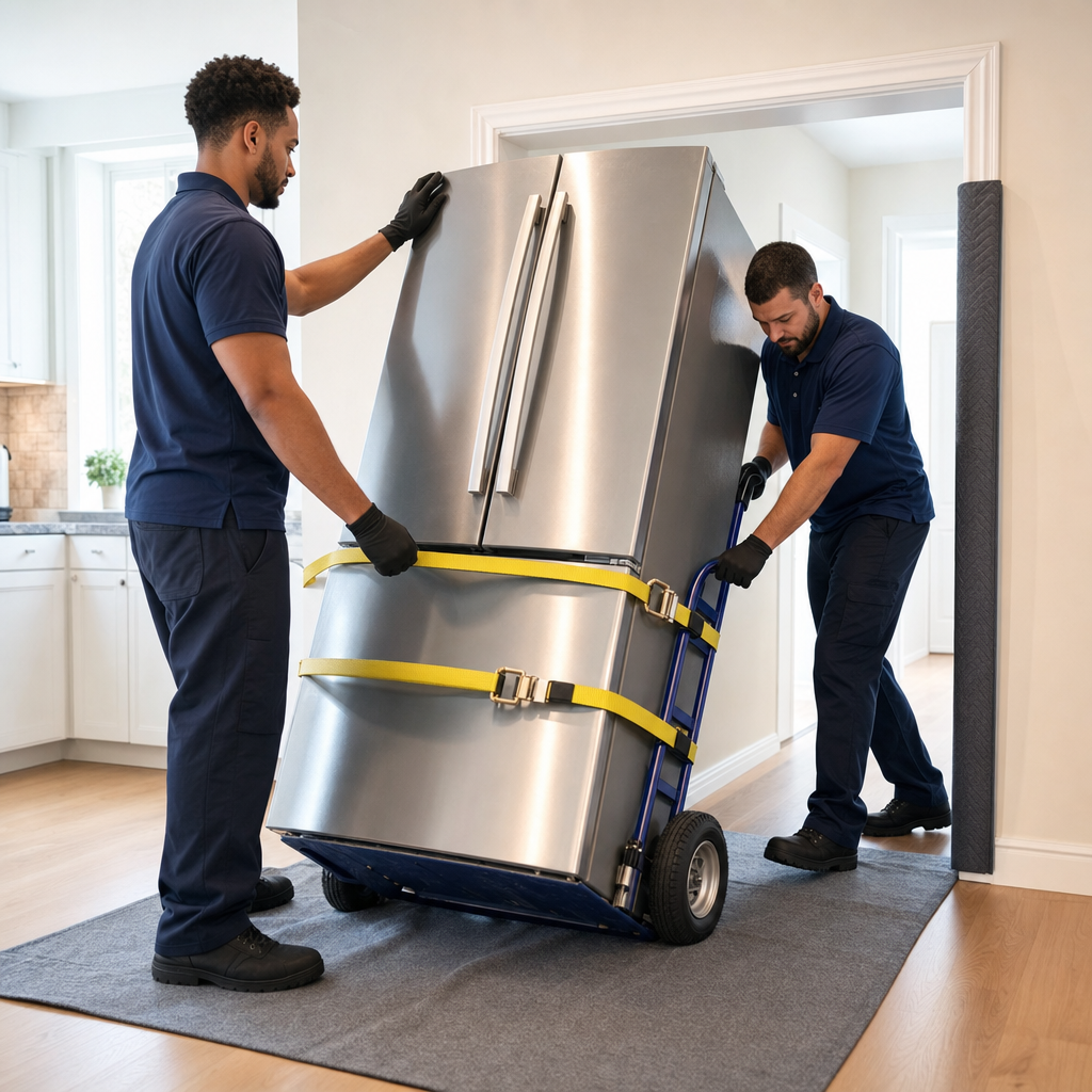 Two uniformed Fairfield movers tilting a refrigerator onto an appliance dolly with straps in a kitchen doorway