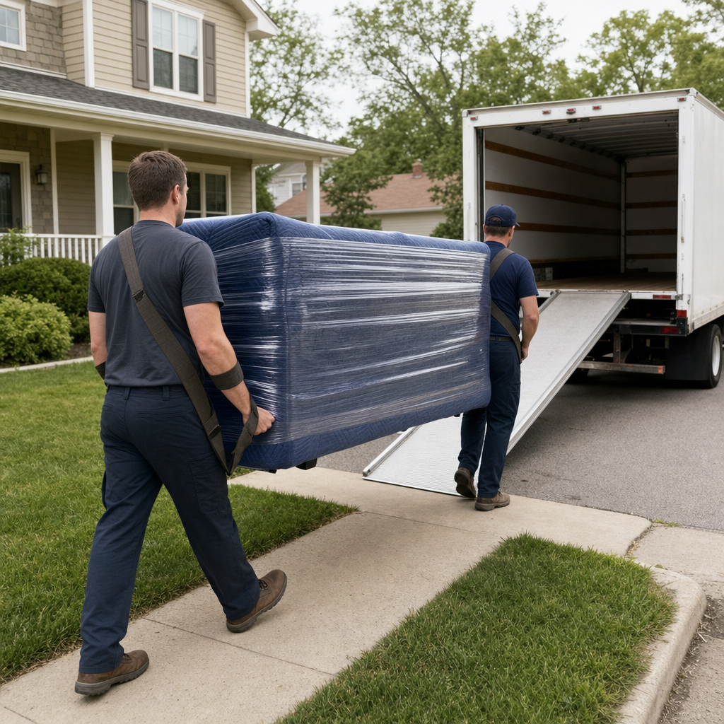 Uniformed Fairfield moving crew carrying a shrink-wrapped sofa down a residential walkway toward an open box-truck ramp