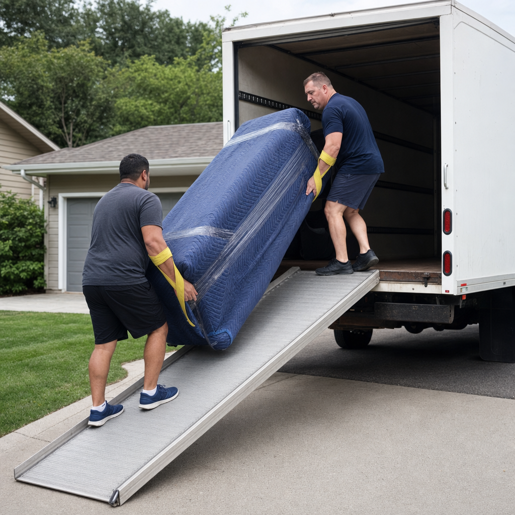 Two uniformed Fairfield movers loading wrapped furniture into a rental box truck in a suburban driveway, using hi-vis yellow lifting straps and e-track securing