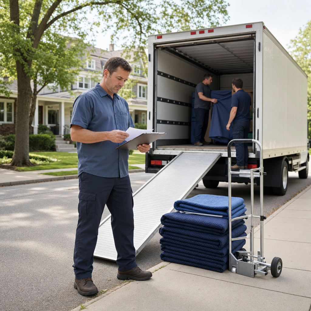 Fairfield moving crew lead reviewing a written quote on a clipboard beside the open ramp of a box truck at the curb