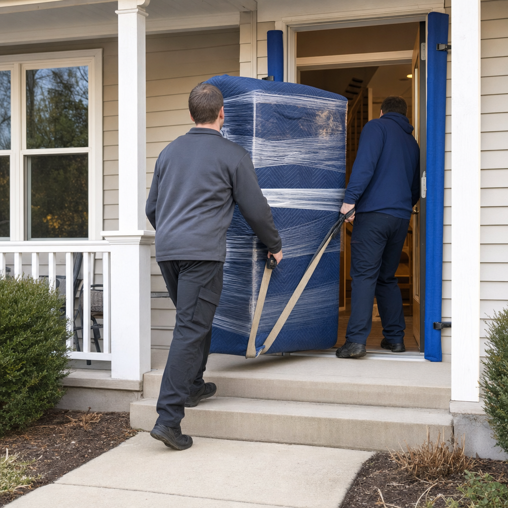 Two uniformed Fairfield movers carrying a quilted-blanket-wrapped dresser through a home's front doorway with door-jamb protection in place
